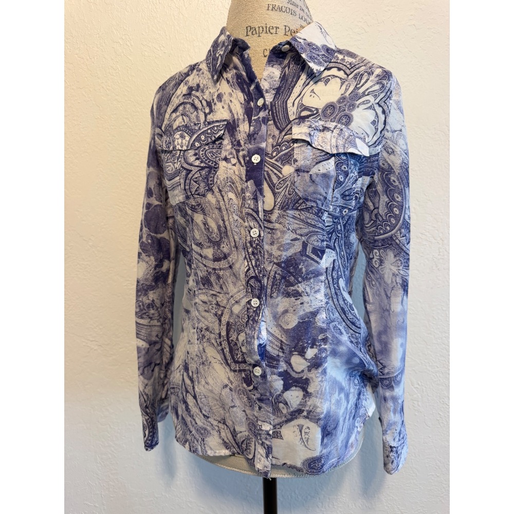Ecru Blue White Paisley Batik Button Down Shirt Long Sleeve Roll Tab Small